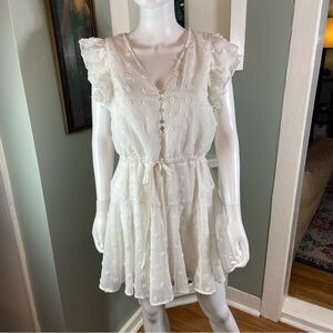 Entro White Flutter Sleeve Mini Dress Sheer Clip Dot Medium Sheer Tiered Ruffle